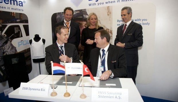 FNSS wins important contract for armored vehicles using Dyneema® Ballistic Tape from DSM Dyneema The Letter of Intent was signed by Dirk Louwers, marketing manager Life Protection, EMEA, DSM Dyneema, Bastiaan de Koning, director sales, EMEA, DSM Dyneema, Nail Kurt, general manager and CEO, FNSS, and Reed McPeak, assistant general manager, FNSS. It was signed in the presence of The Netherlands Minister of Defence, Jeanine Hennis-Plasschaert, at the DSM Dyneema booth #284A in Hall 2.