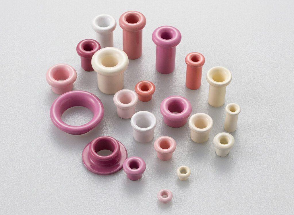 White, off-white, and pink alumina industrial parts in various shades – wear and corrosion resistant eyelets for textile handling.