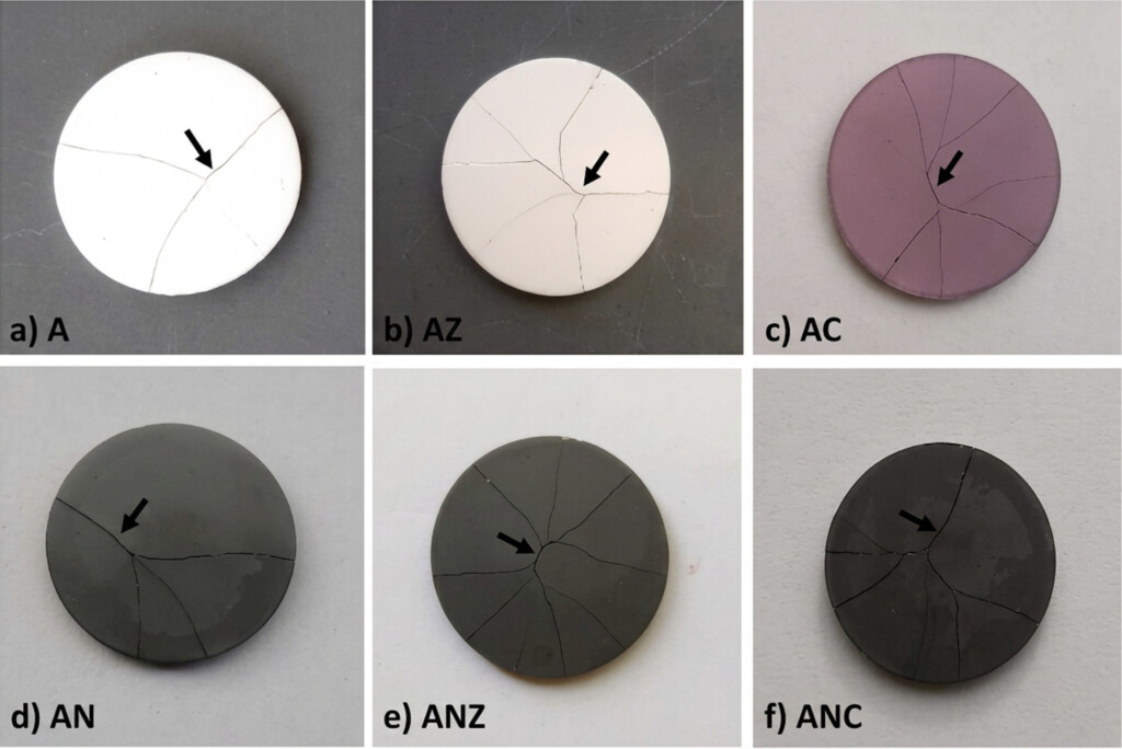 The top row is pure alumina, alumina doped with 5% zirconia, and alumina doped with 1% chromia. The bottom row is the same, where each ceramic also contains 1% nickel as metal particle reinforcement. A small amount of metal is enough to turn them all gray. From: An investigation of equibiaxial flexural strength and hardness properties of Al2O3–Ni nanocomposites based microstructures with ZrO2 and Cr2O3 additives, DOI: https://doi.org/10.1016/j.msea.2019.05.014